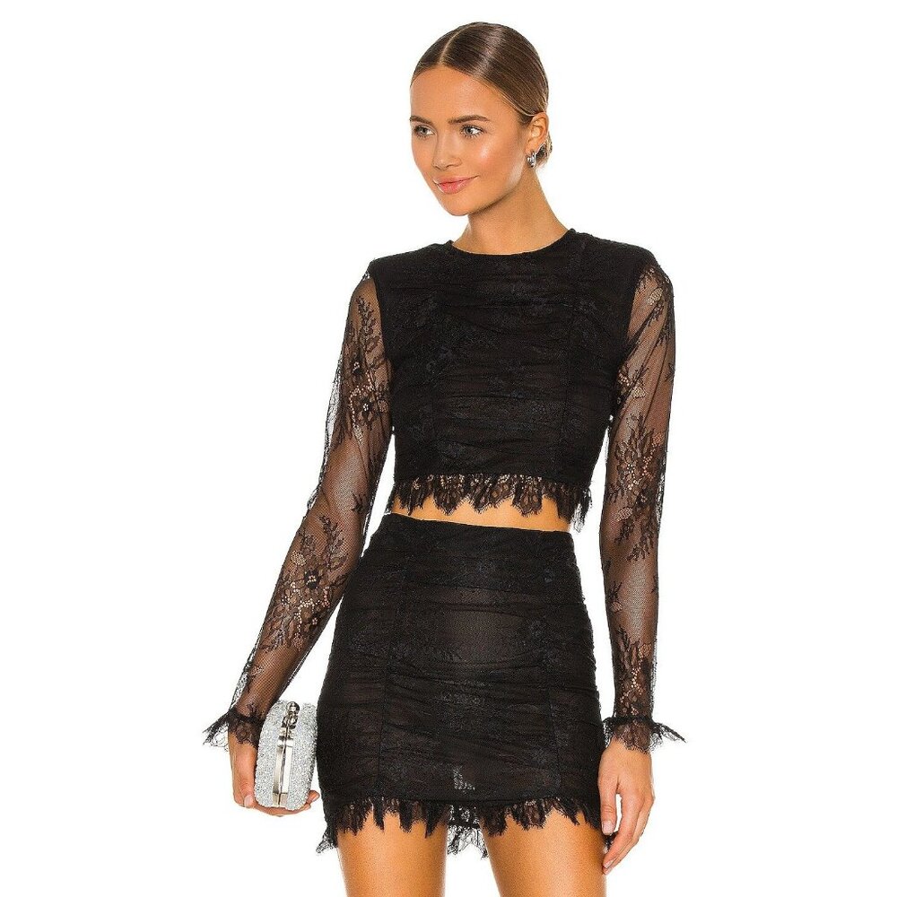NBD Size S Hanna Lace Top Black Sheer Long Sleeve Ruched Shoulder Pads Cropped